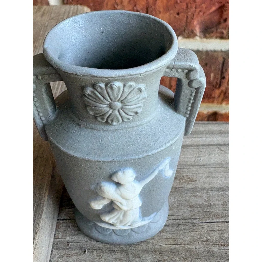 Vintage Blue Jasperware Mini Vase Raised White Floral Bud Vessel Made in Japan